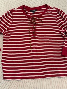Lauren Ralph Lauren Red and White Striped Lace-Up Long Sleeve Tee